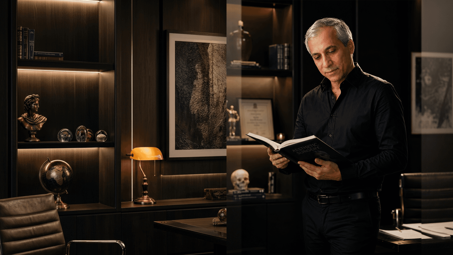 Dr. Hosein Abdali in a black shirt reading an aesthetic surgery book in his dark wood-panelled office