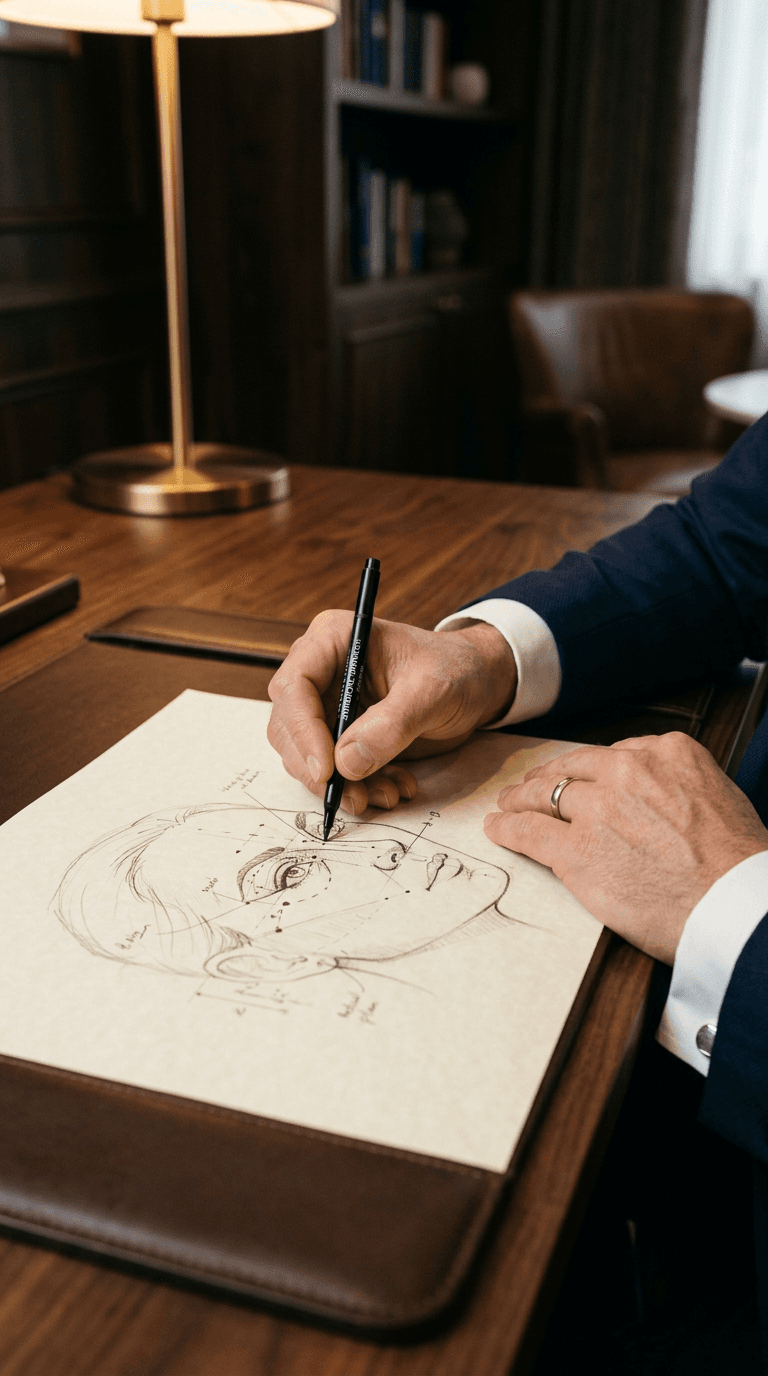 Dr. Hosein Abdali sketching facial proportions during surgical planning